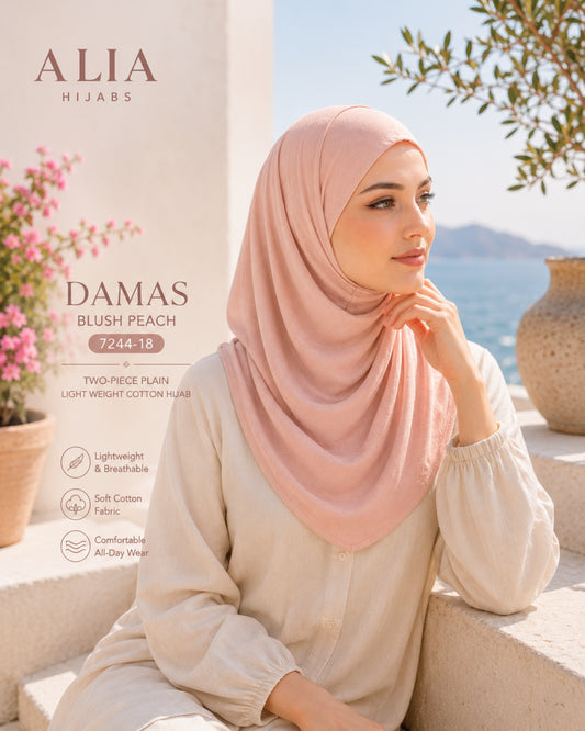 DAMAS Blush Peach 7244-18 two-piece plain cotton hijab with breathable lightweight fabric, soft texture, and full neck and chest coverage.