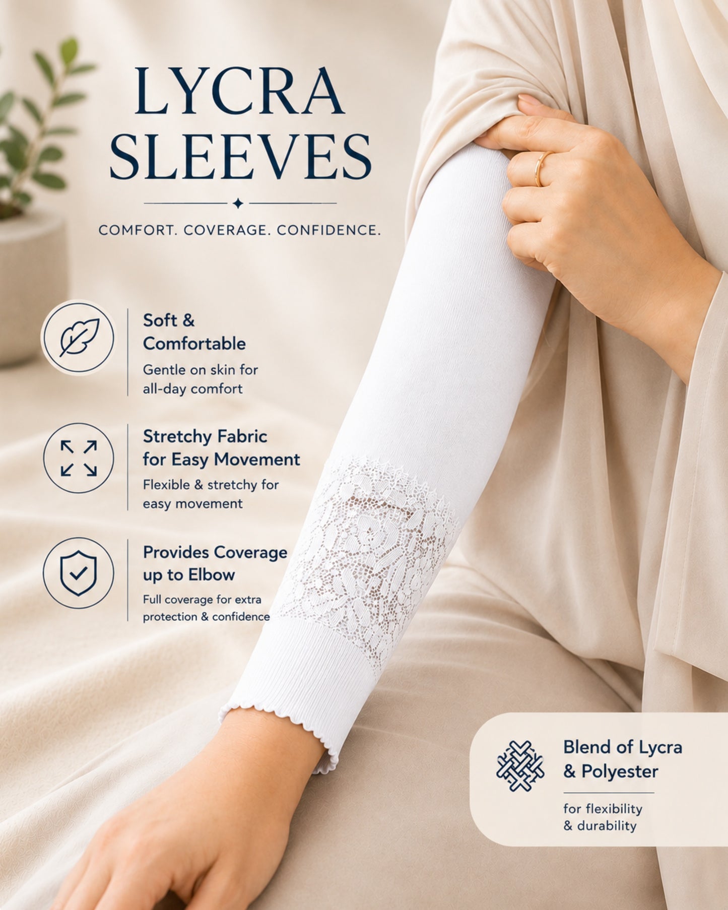 White Lycra arm sleeve with lace cuff detail worn under a modest beige hijab outfit, providing comfortable elbow coverage and flexible stretch for everyday wear.