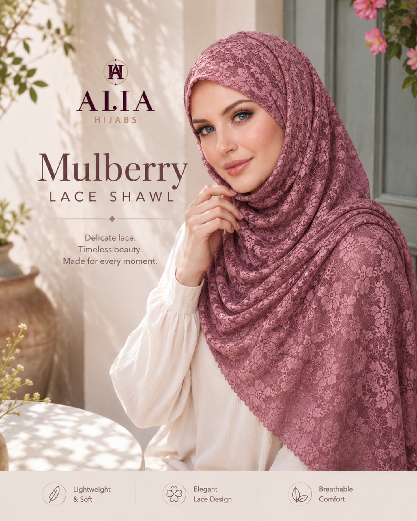 Woman wearing a pink lace hijab with 'Alia Hijabs' branding, set against a neutral background.

