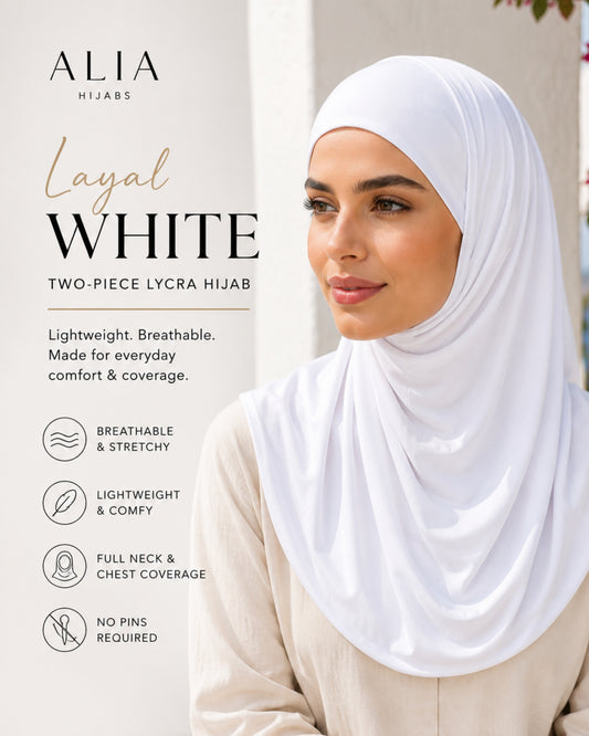Layal White two-piece Lycra blend hijab by Alia Hijabs with lightweight breathable fabric, full coverage, and an easy-to-wear pinless design for everyday modest fashion.