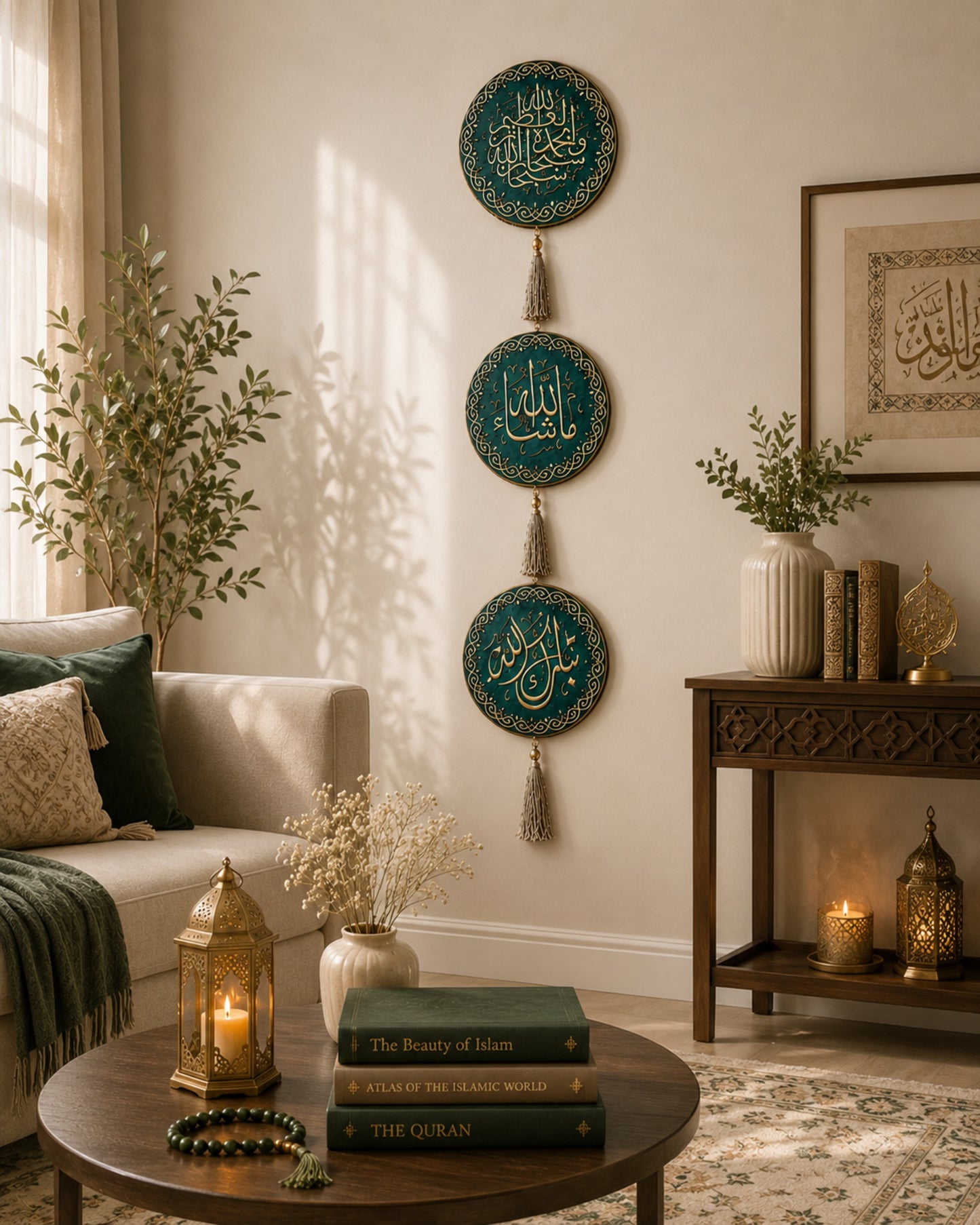 Living room with decorative wall art, books, and candles.

