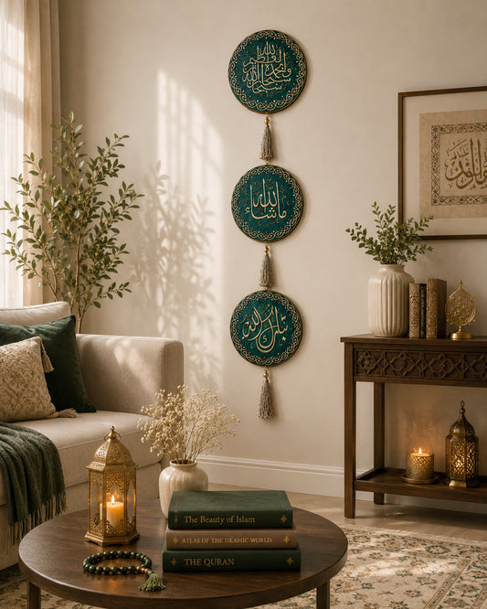 Living room with decorative wall art, books, and candles.

