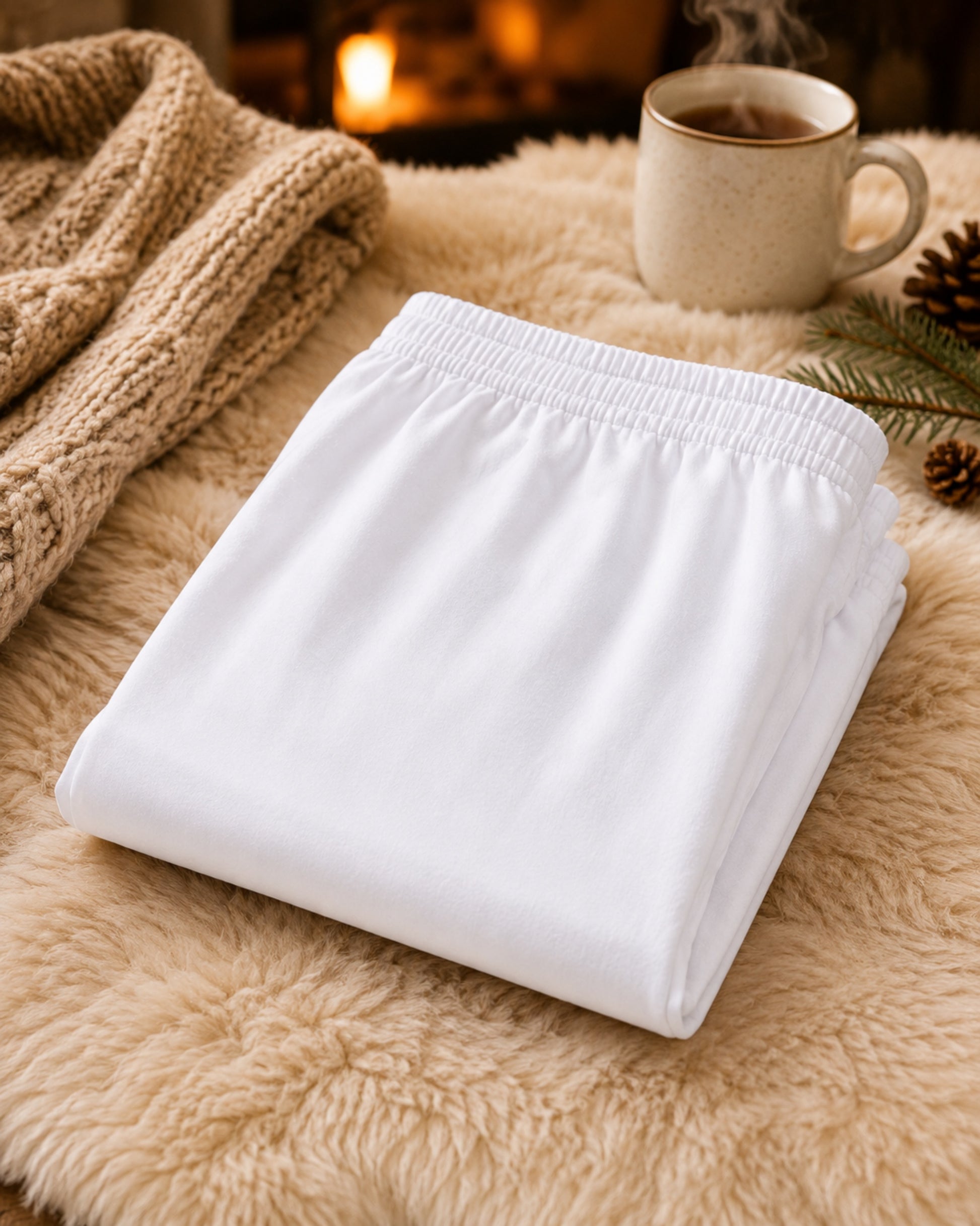 Folded women's white cotton capri leggings styled with cozy winter décor, featuring breathable cotton fabric and comfortable layering for modest outfits.