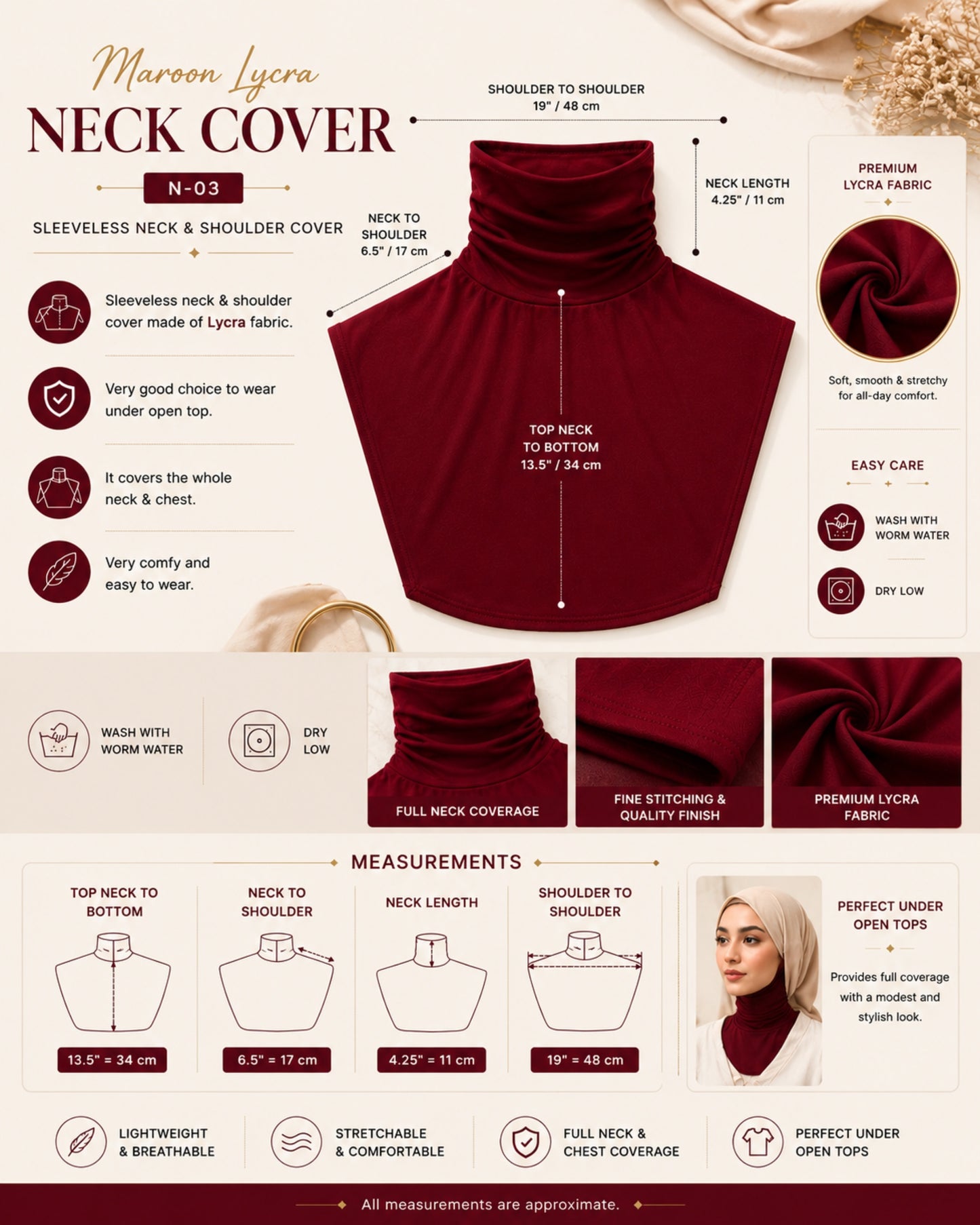 Maroon neck cover product details with measurements and care instructions on a beige background.

