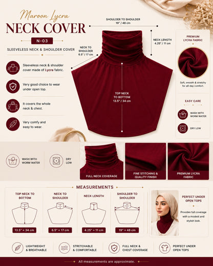Maroon neck cover product details with measurements and care instructions on a beige background.

