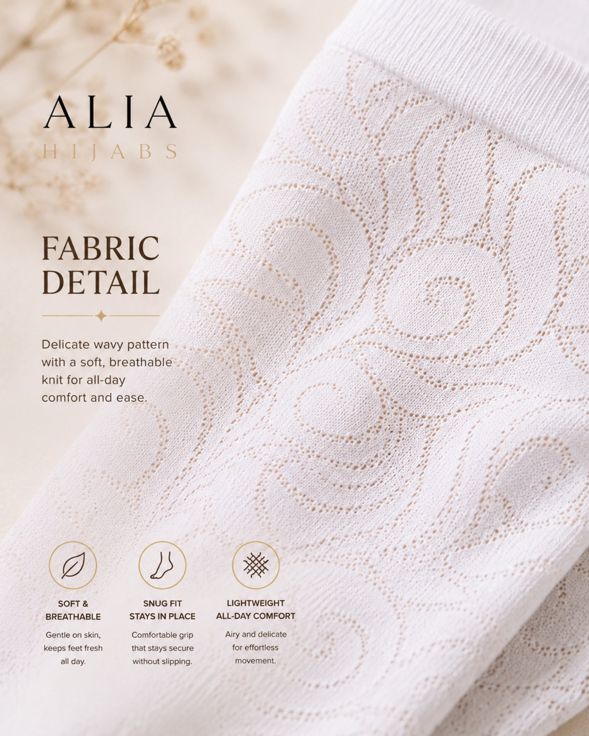 White wavy lace ankle socks fabric detail showing breathable lightweight knit pattern and delicate floral-inspired texture.