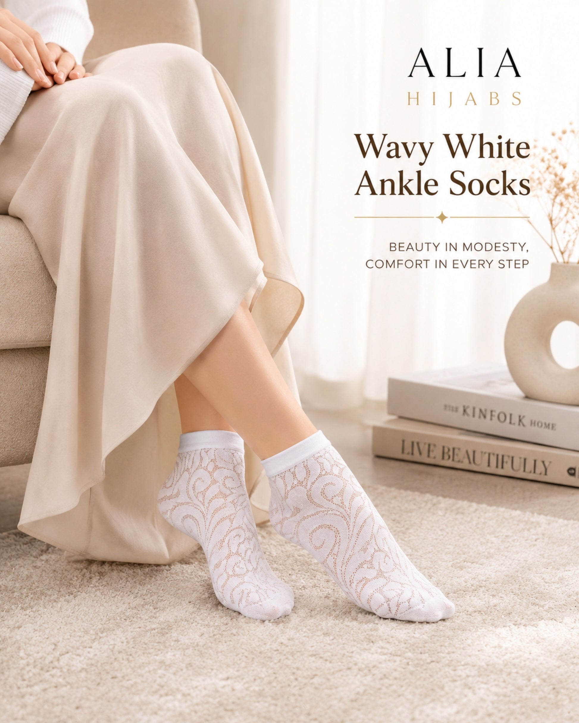 White lace ankle socks for women styled with a modest cream skirt in a luxury home setting, showcasing breathable comfort and elegant everyday wear.
