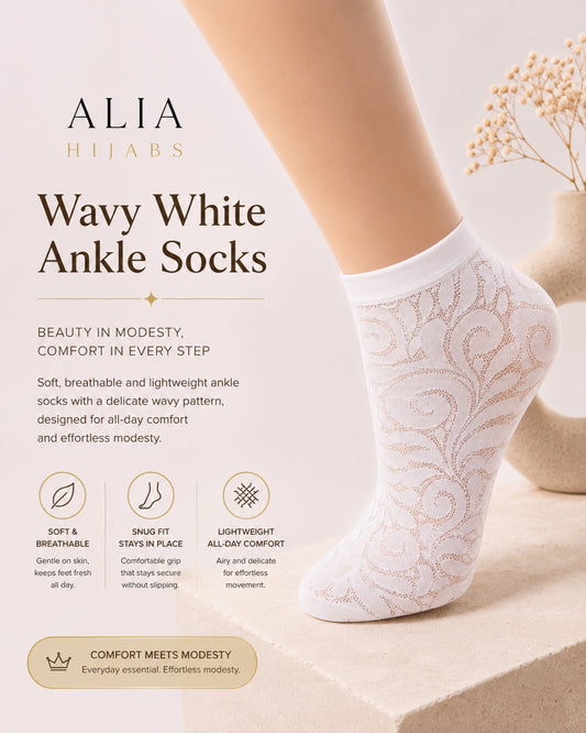 White wavy lace ankle socks for women featuring a breathable floral lace pattern, lightweight comfort, and elegant modest fashion styling.