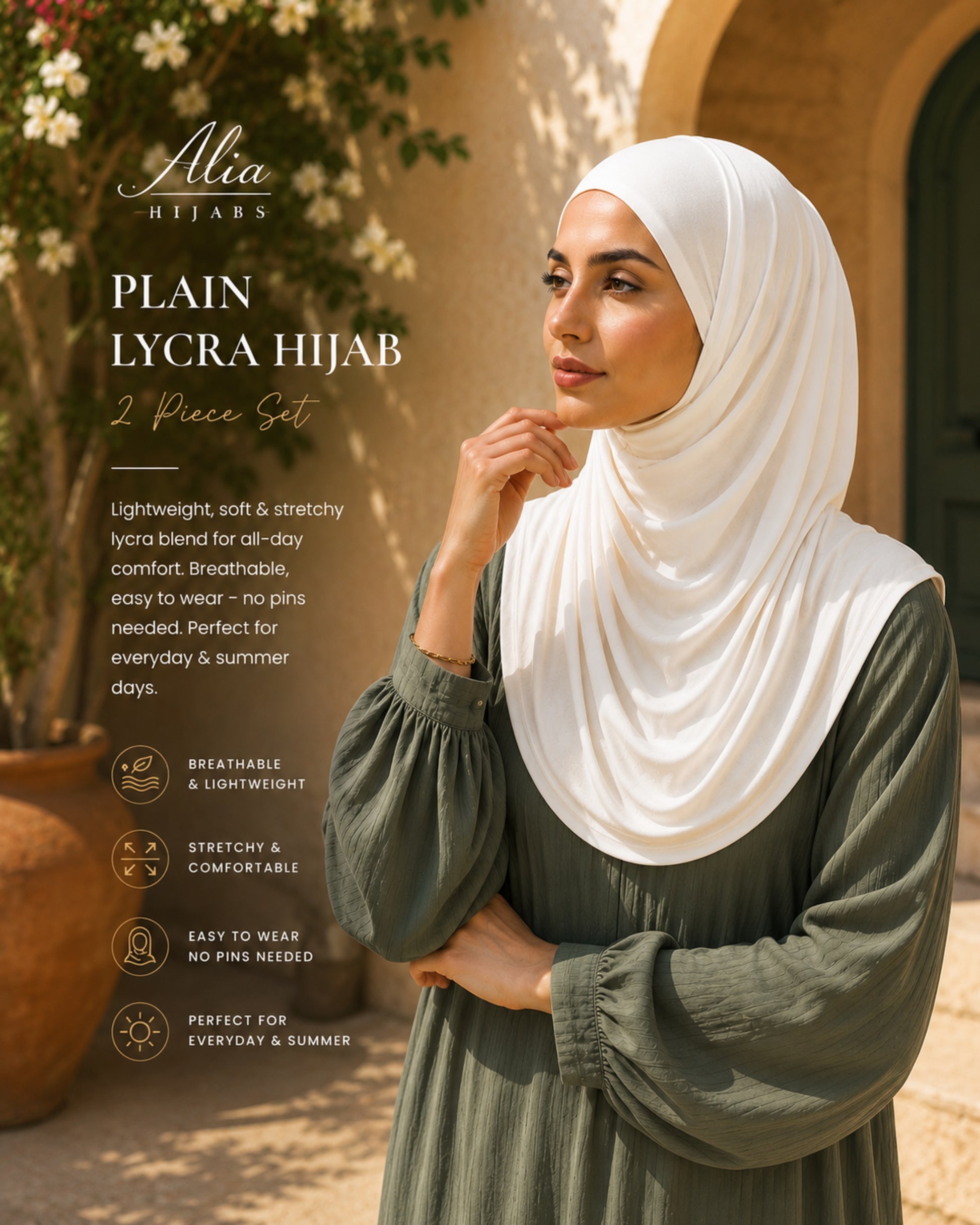 Woman wearing a white hijab with product details on a blurred outdoor background


