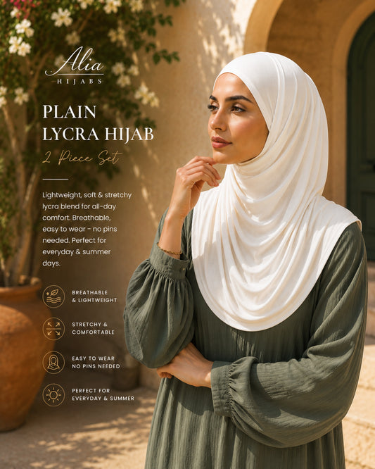 Woman wearing a white hijab with product details on a blurred outdoor background

