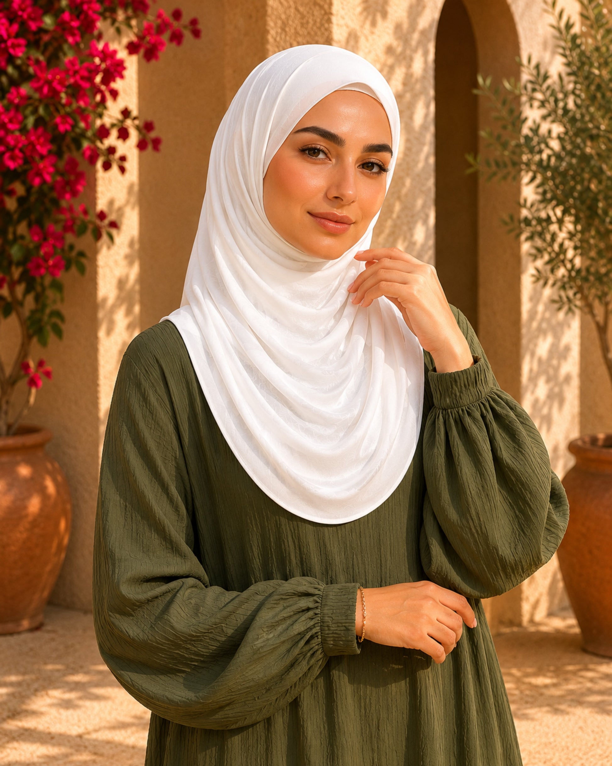 Woman wearing a white hijab and green dress in an outdoor setting with flowers and arches.

