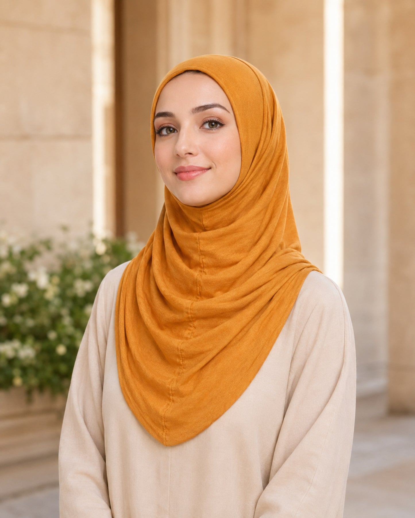 Woman wearing a mustard hijab in an indoor setting with neutral background

