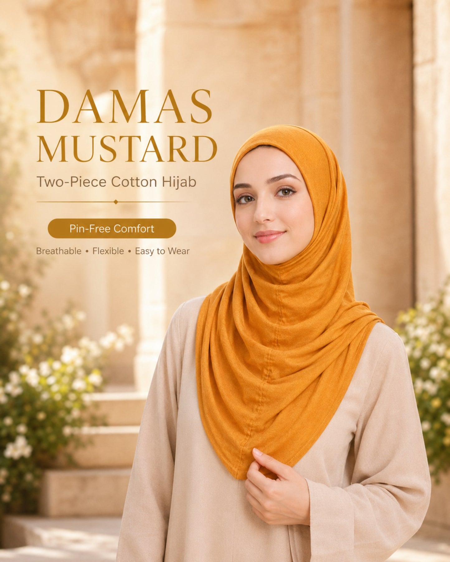 Woman wearing a mustard yellow hijab with architectural background

