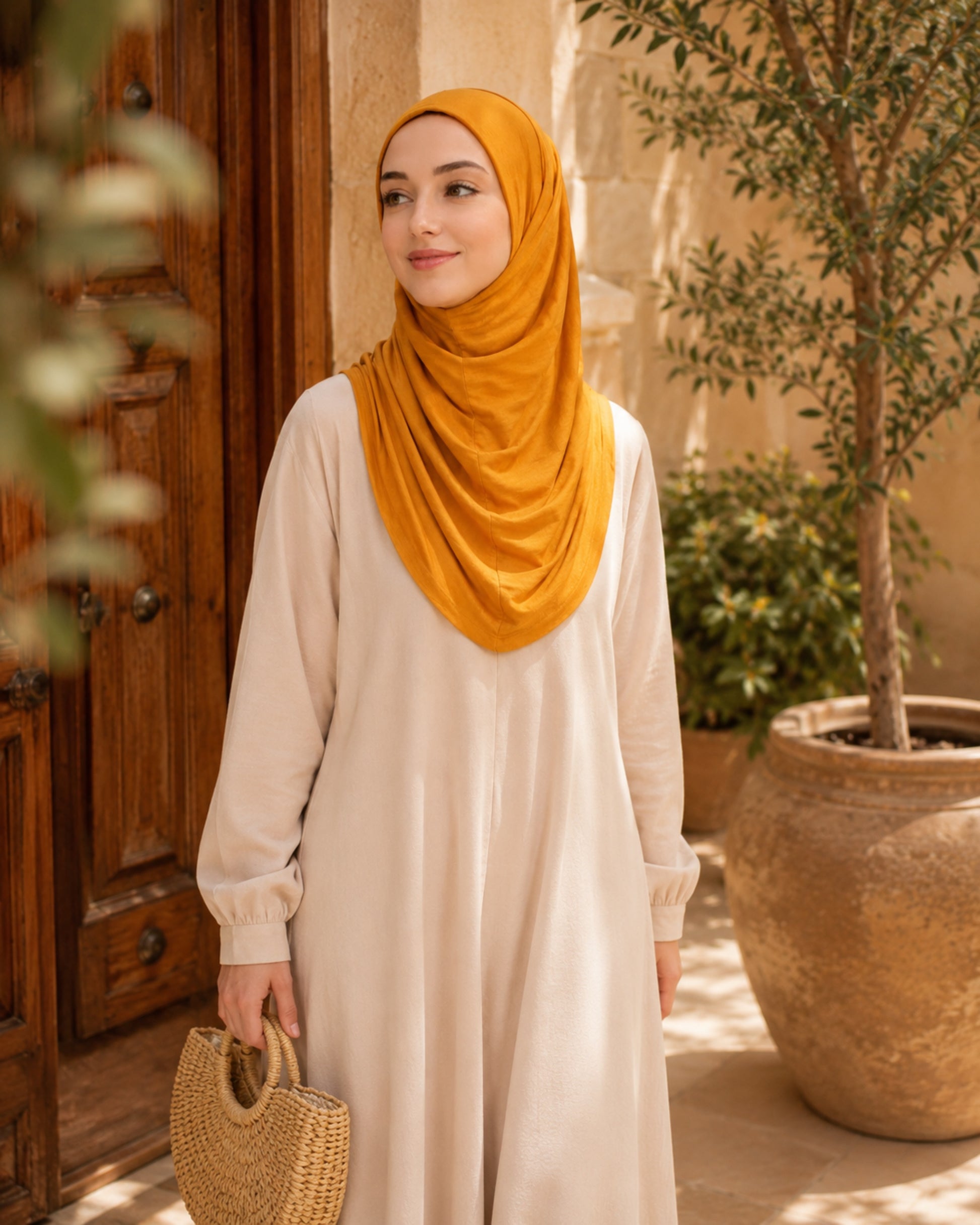 Woman wearing a yellow hijab and white dress standing outdoors with plants and a wooden door in the background.

