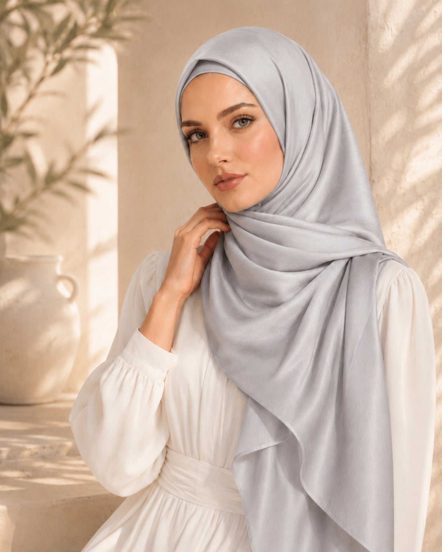 Woman wearing a light gray hijab and white dress against a neutral background.