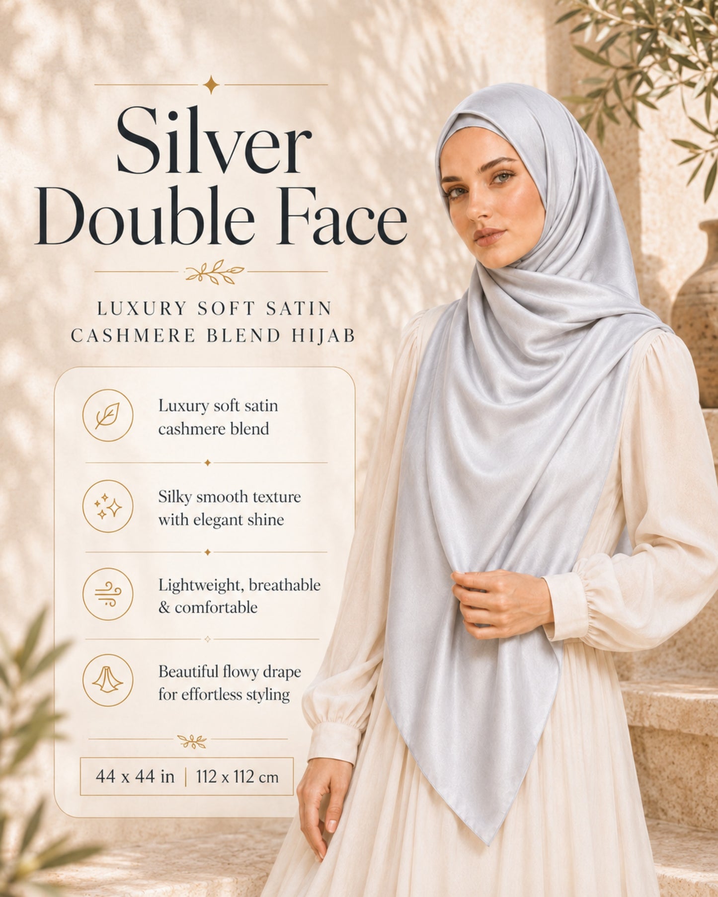 Woman wearing a silver double face hijab with product details on a beige background

