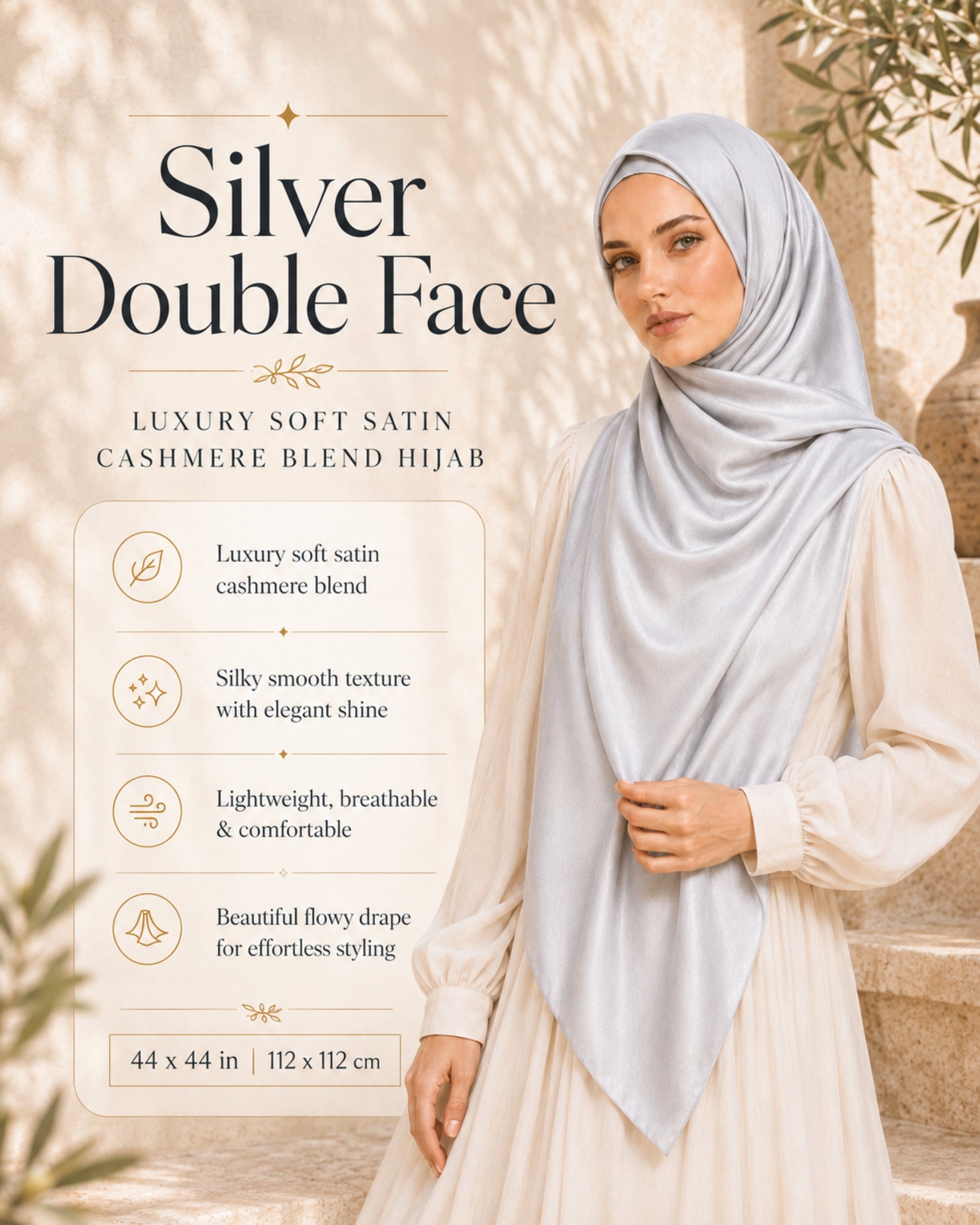 Woman wearing a silver double face hijab with product details on a beige background

