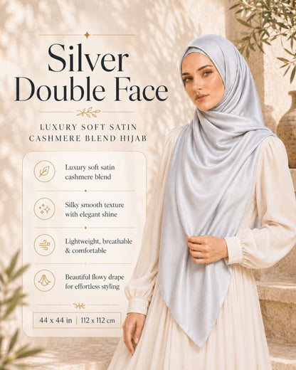 Woman wearing a silver double face hijab with product details on a beige background

