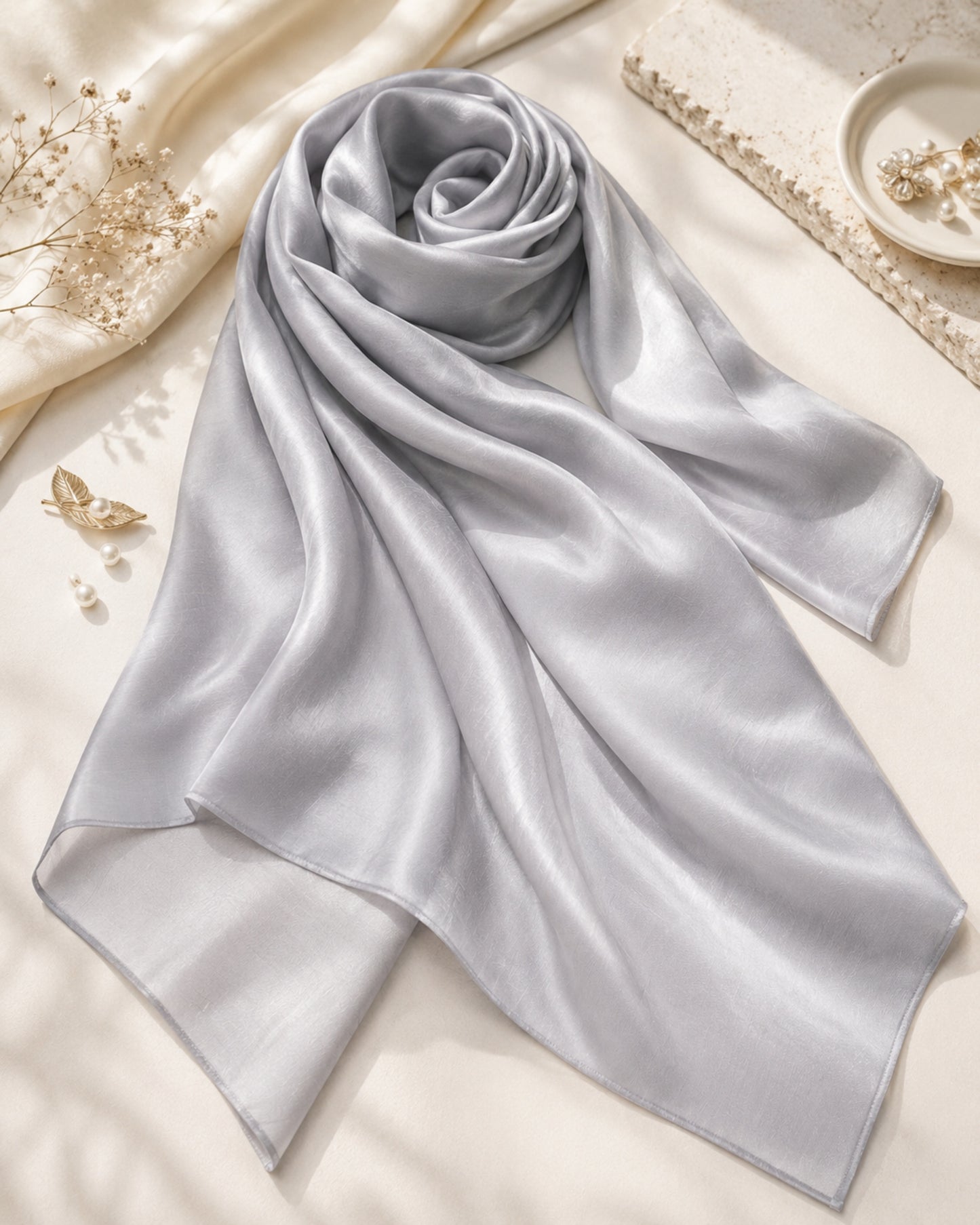 Light gray scarf on a beige surface with decorative elements

