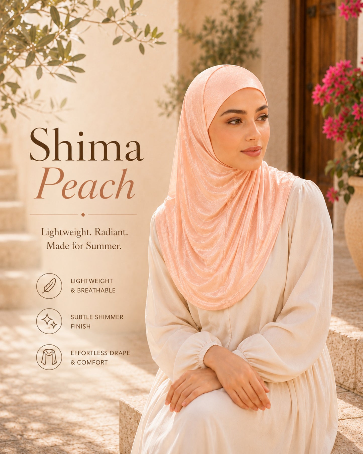 Woman wearing a peach hijab with product details on a blurred outdoor background