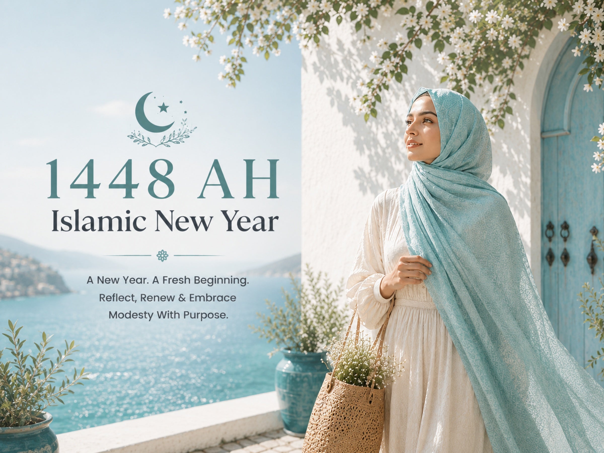 Woman in hijab standing by a scenic location with text about the 1448 AH Islamic New Year.

