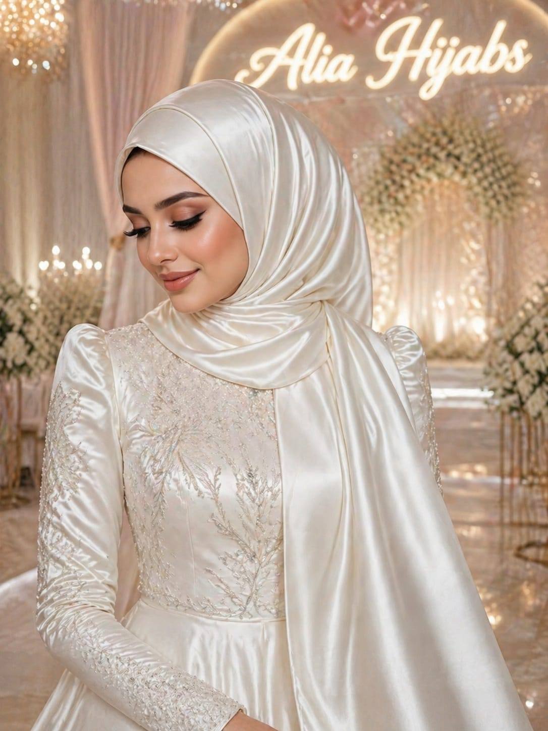 Bride wearing an ivory satin hijab and elegant wedding gown in a luxury bridal setting.