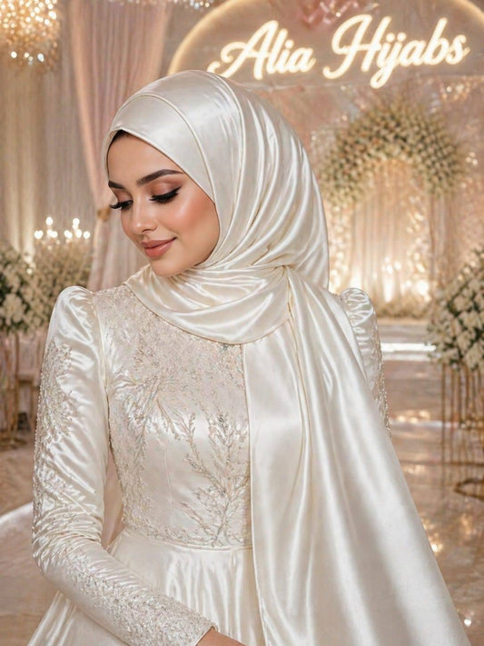Bride wearing an ivory satin hijab and elegant wedding gown in a luxury bridal setting.