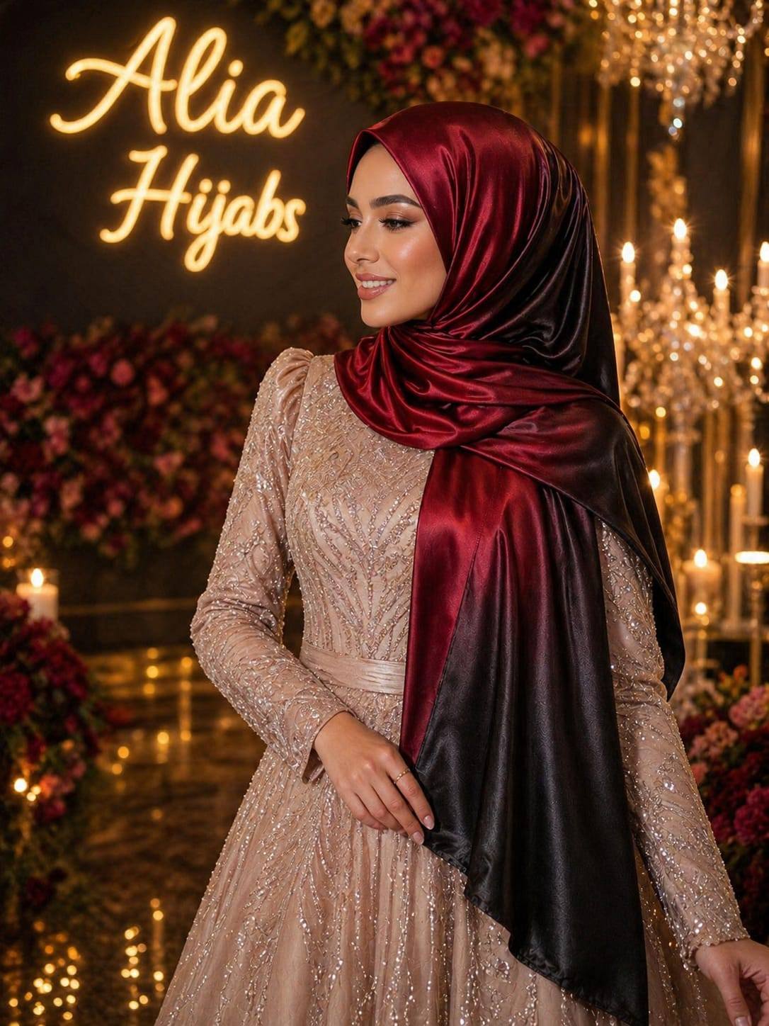 Model wearing a deep burgundy satin hijab in an elegant evening setting for Eid and special occasions.