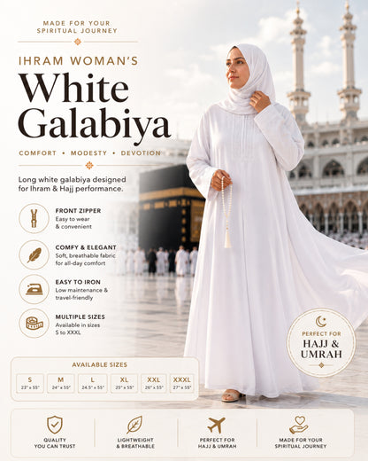 White galabiya with text about its features and uses, set against a blurred mosque background.