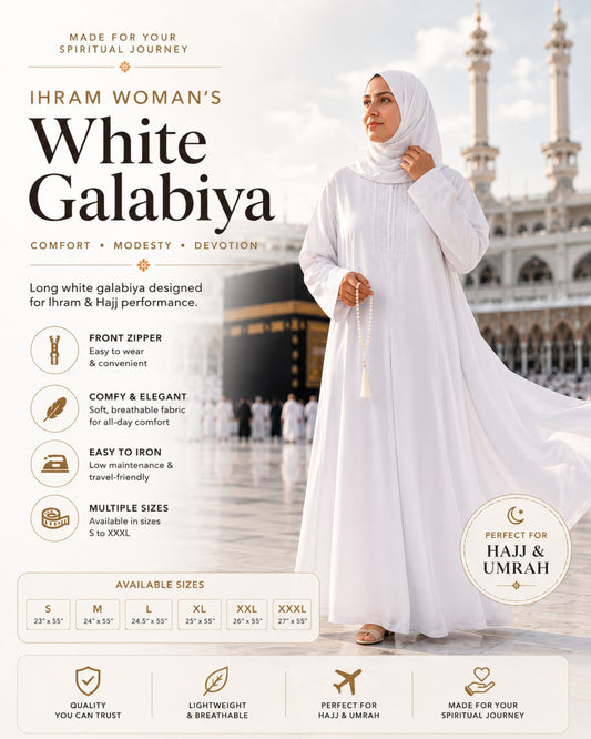 White galabiya with text about its features and uses, set against a blurred mosque background.
