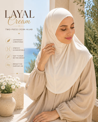 Woman wearing a beige hijab with product details on a scenic background