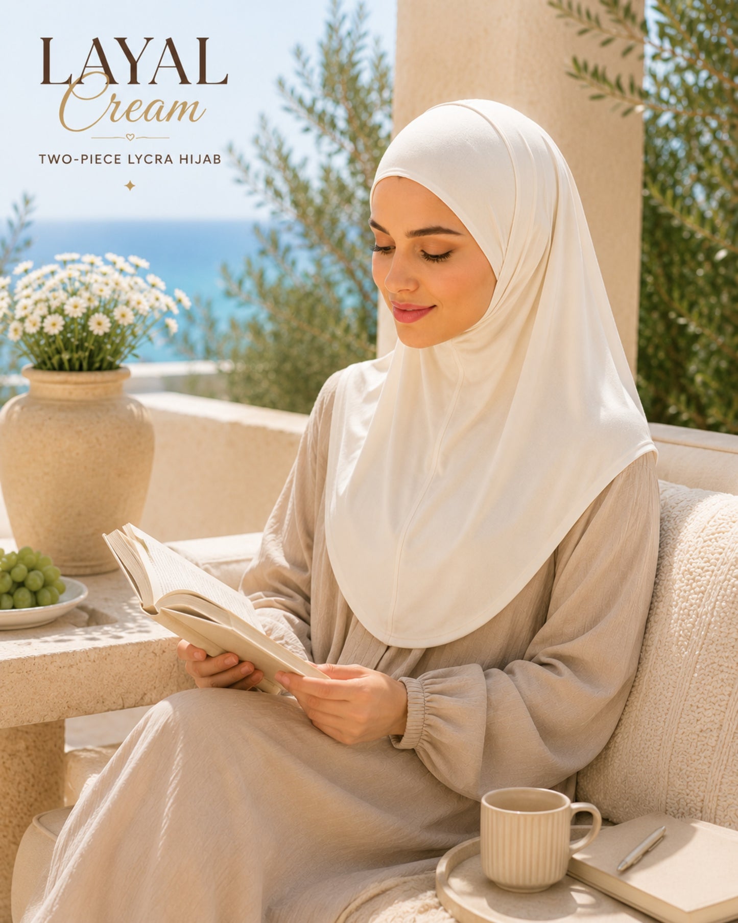 Woman wearing a cream hijab sitting outdoors with a scenic background