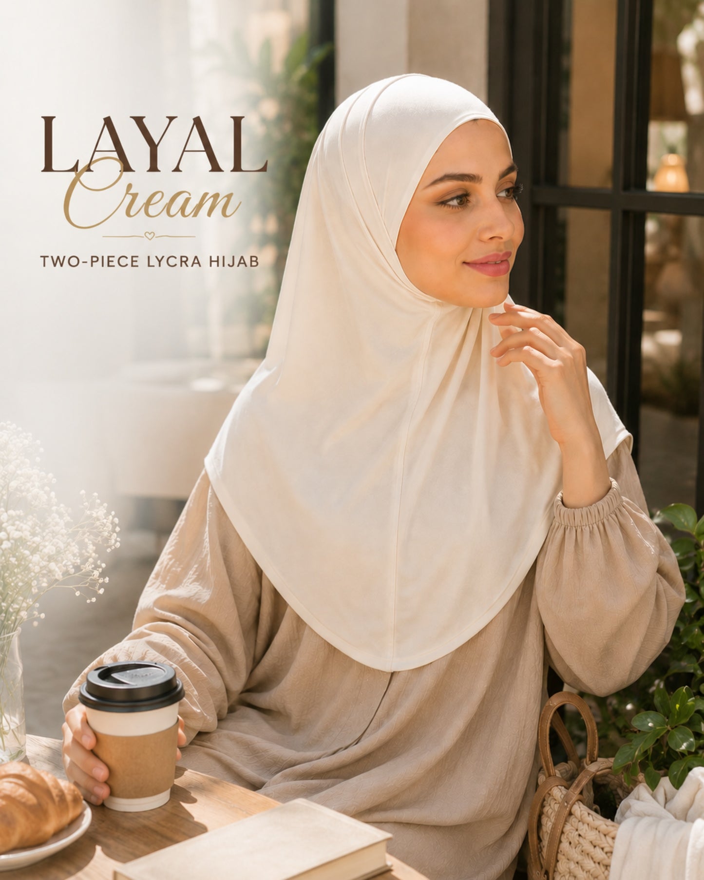 Woman wearing a cream hijab and sitting outdoors with a coffee cup, featuring the brand 'Layal Cream'.