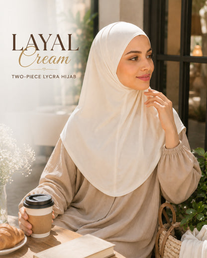 Woman wearing a cream hijab and sitting outdoors with a coffee cup, featuring the brand 'Layal Cream'.