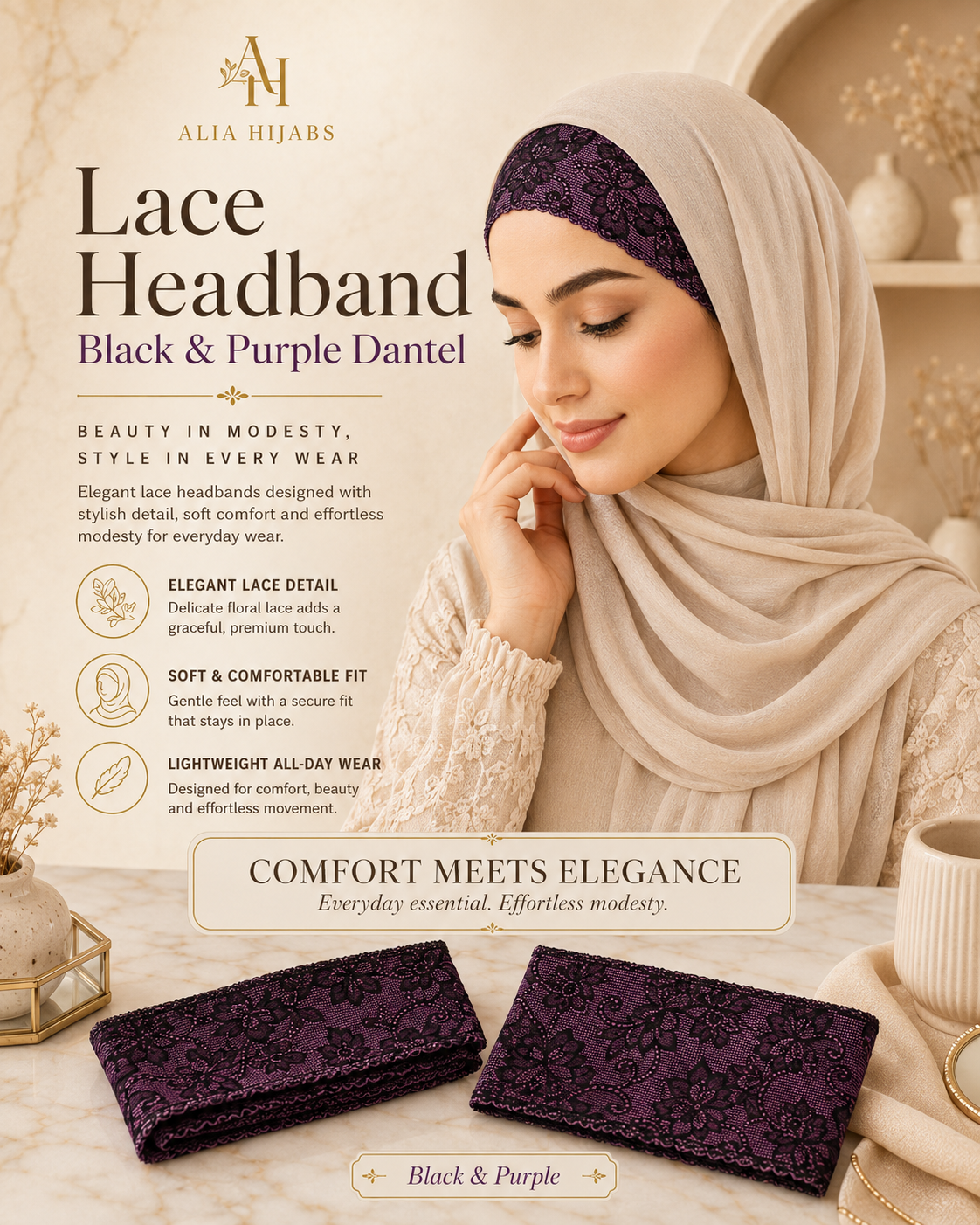 Black & Purple Lace/Dantel Headband