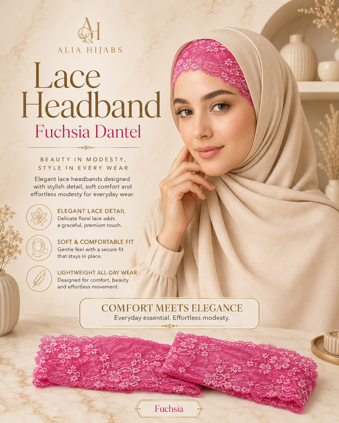Fuchsia Lace/Dantel Headband