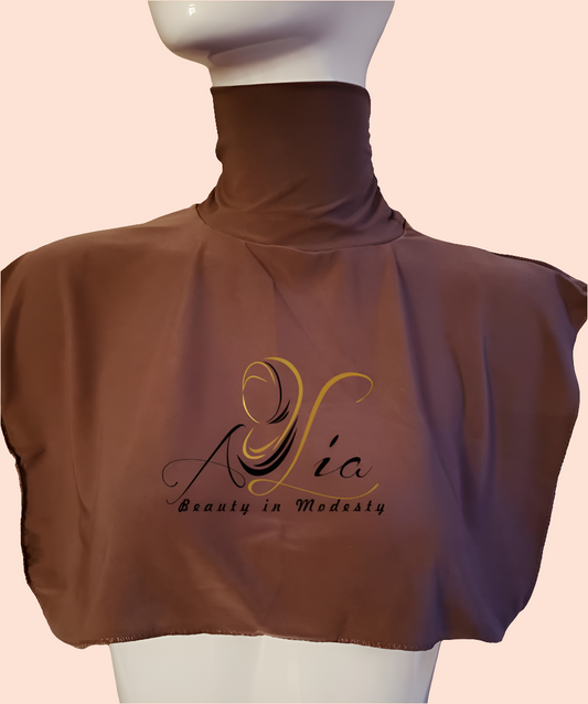 A brown Lycra neck cover displayed on a mannequin, with the brand name 'A'Sia' printed on it.