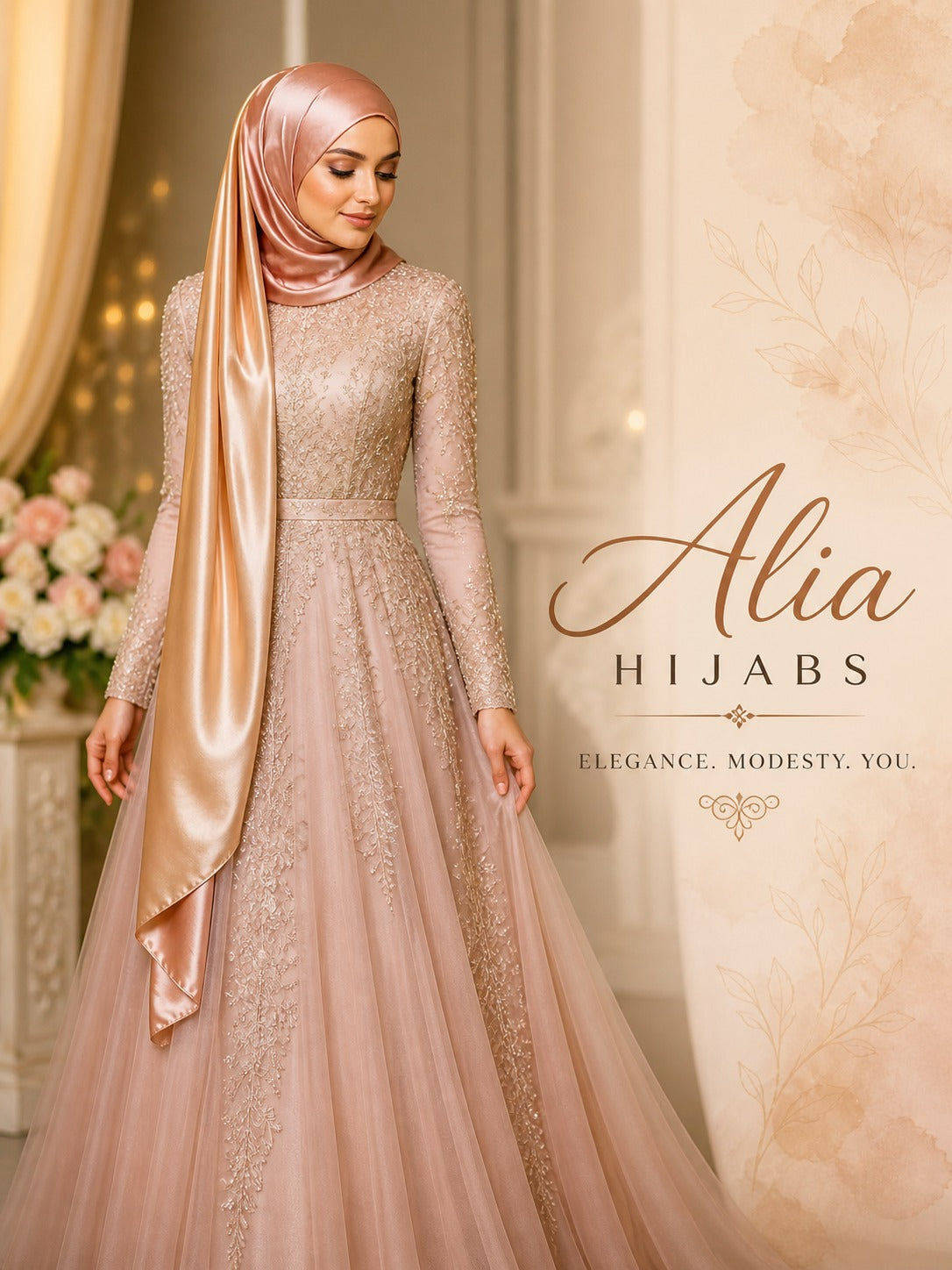 Woman wearing a champagne satin hijab and elegant blush gown representing luxury modest fashion by Alia Hijabs.