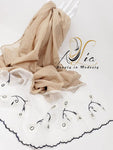 Beige/Off White, Navy Blue Flowers Light Cotton & Tulle Embroidered Shawl