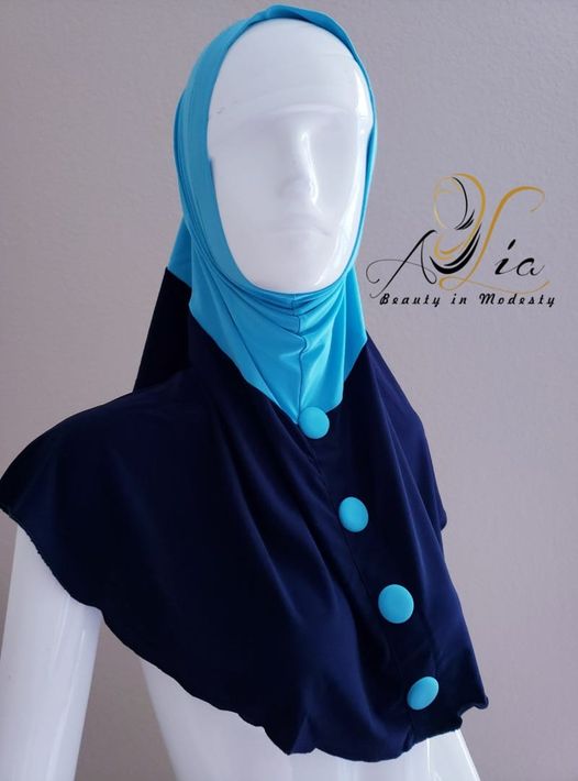 Lycra, Long One Piece Navy Blue & Turquoise Hijab