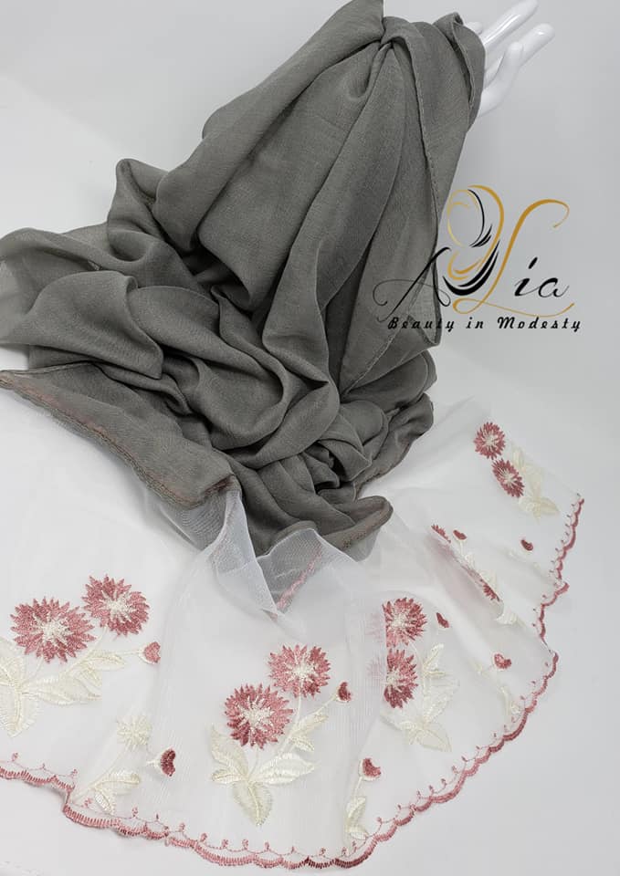 Sage Green/Rouge, Off White Flowers Light Cotton & Tulle Embroidered Shawl