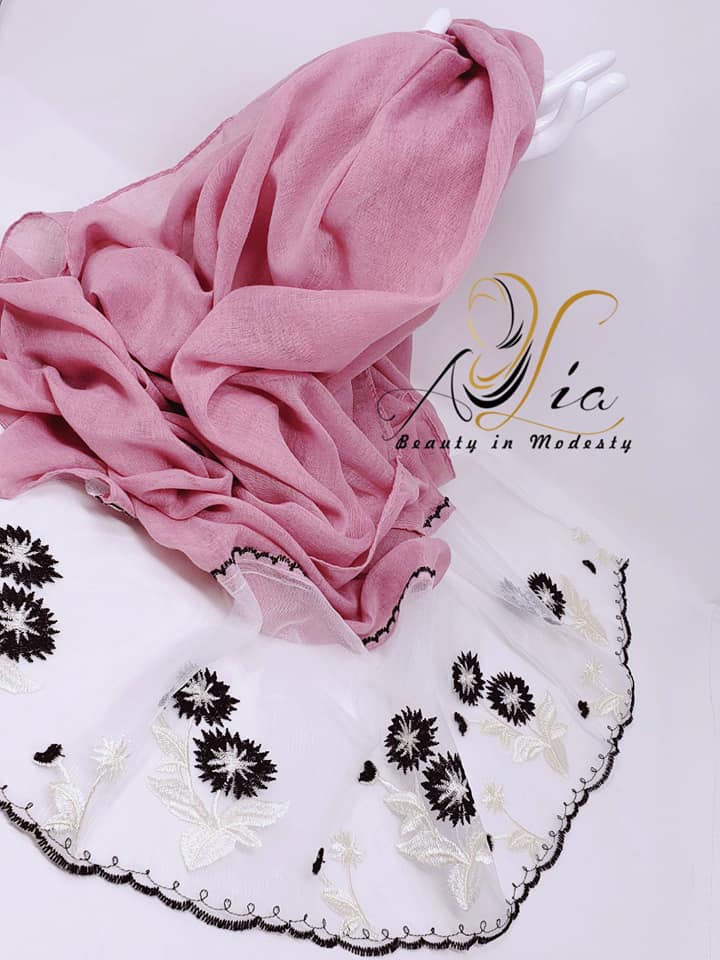 Berry Rose/Black, Off White Flowers Light Cotton & Tulle Embroidered Shawl