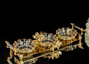 Three Glass Golden Bowls With Metal Holder