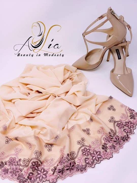 Light Beige With Purple Embroidered Lace