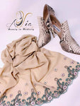 Dark Beige With Green Embroidered Lace