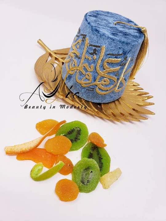 Steel Blue Big Size  Fez Hat Happy Eid Guest Serving Velvet Container