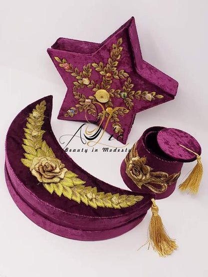 Purple Big Size Fez Hat 3D Flower Guest Serving Velvet Container