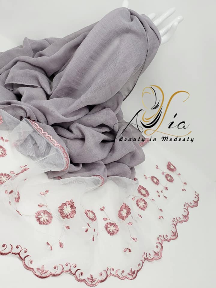 Gray / Rouge Flowers Light Cotton & Tulle Embroidered Shawl