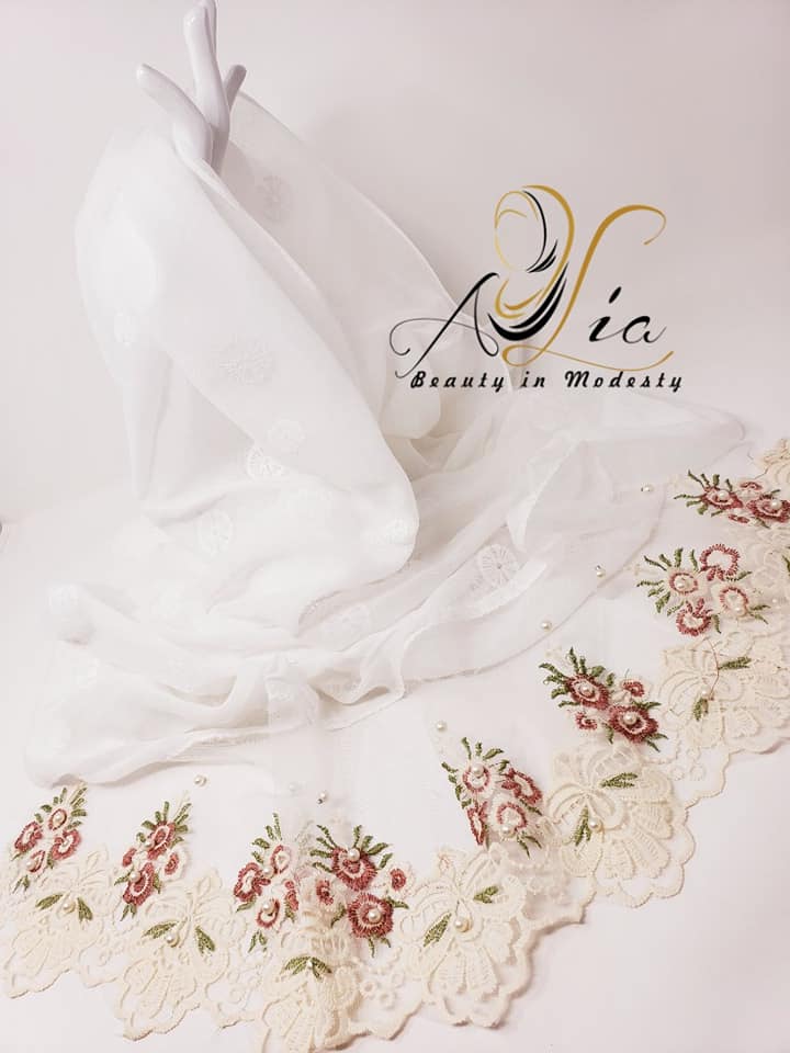 Off White Light Cotton Jacquard Shawl Designed With Pearls, Rouge & Green Flowers, Tulle & Cream French Lace