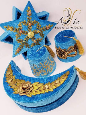 Azure Blue Big Size  Fez Hat Happy Eid Guest Serving Velvet Container